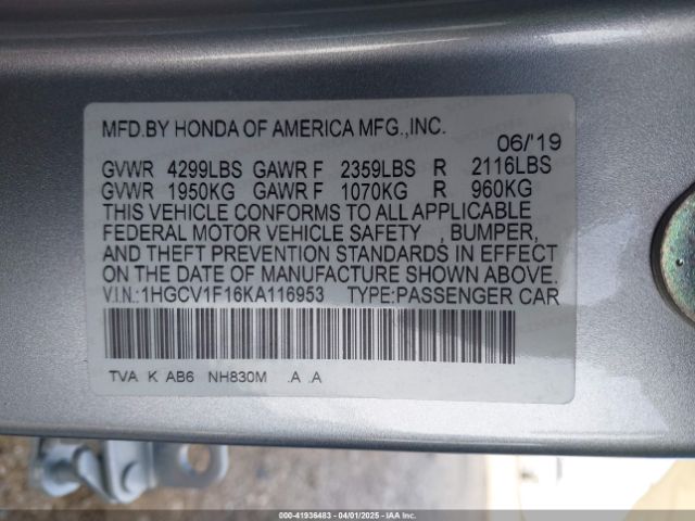 1HGCV1F16KA116953 Honda ACCORD LX