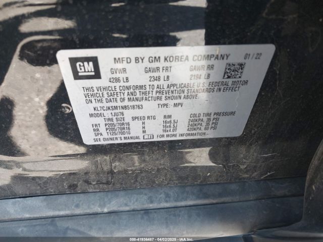 KL7CJKSM1NB518763 Chevrolet Trax Fwd Ls