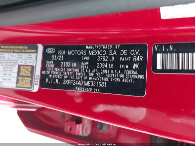 3KPF24AD1ME331681 KIA Forte Lxs
