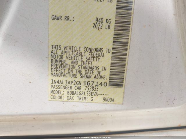 1N4AL3AP2GN367140 Nissan Altima 2.5/2.5 S/2.5 Sl/2.5 Sr/2.5 Sv