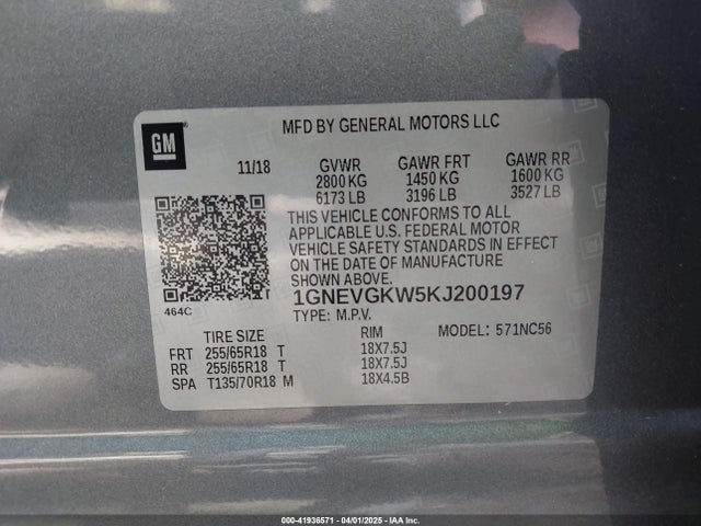 1GNEVGKW5KJ200197 Chevrolet Traverse 1lt