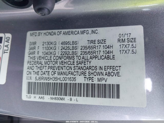 5J6RW5H35HL001635 Honda CR-V LX