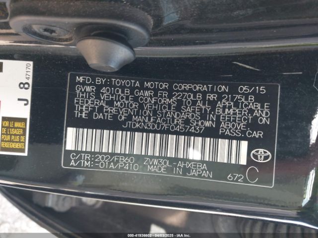 JTDKN3DU7F0457437 Toyota Prius Three