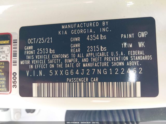 5XXG64J27NG122462 KIA K5 GT LINE