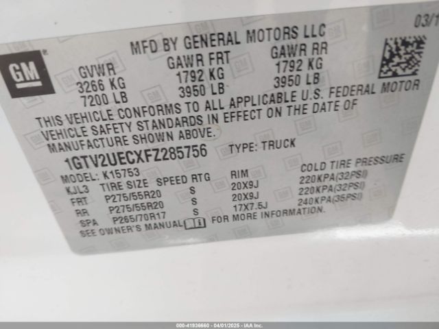 1GTV2UECXFZ285756 GMC Sierra 1500 Sle