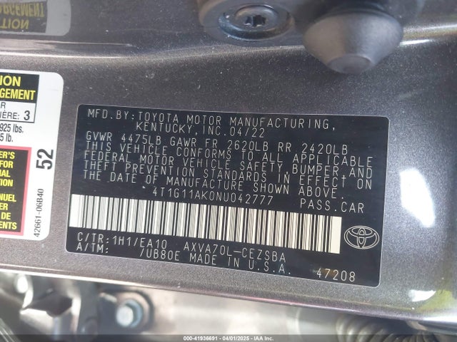 4T1G11AK0NU042777 Toyota CAMRY SE