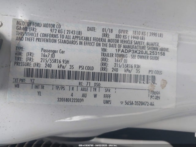 1FADP3K20JL253158 Ford 2.0l gdi