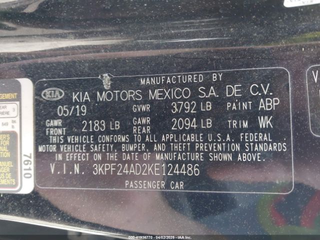 3KPF24AD2KE124486 KIA Forte Lxs