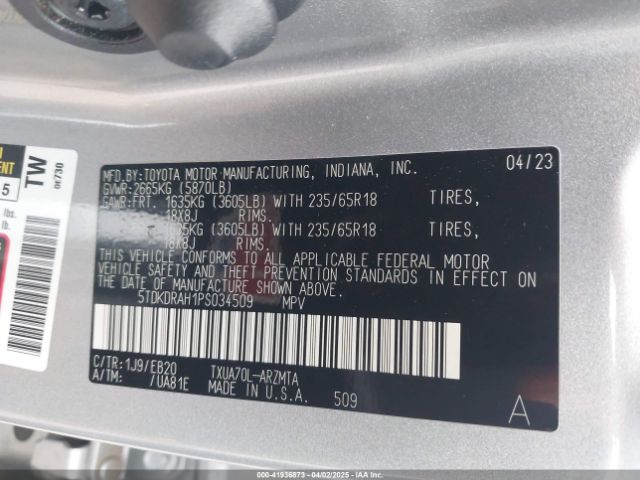5TDKDRAH1PS034509 Toyota Highlander Xle