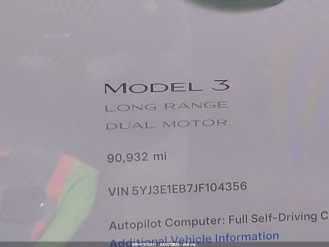 5YJ3E1EB7JF104356 Tesla Model 3 Long Range/performance