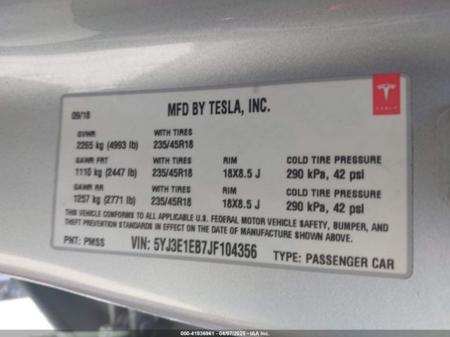 5YJ3E1EB7JF104356 Tesla Model 3 Long Range/performance