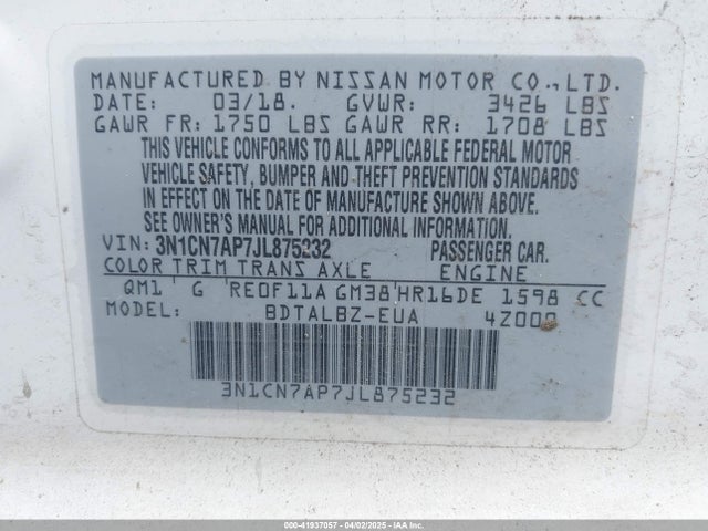 3N1CN7AP7JL875232 Nissan Versa 1.6 Sv