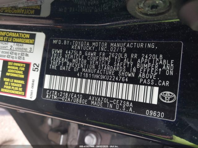 2019 TOYOTA CAMRY 4T1B11HK9KU224764 Photo 8