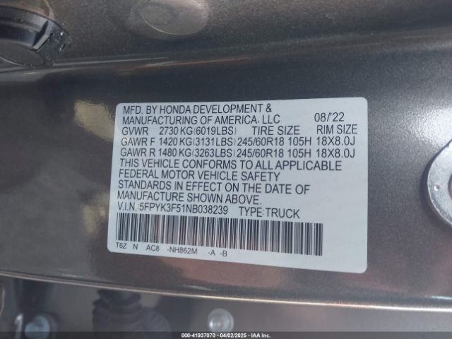 5FPYK3F51NB038239 Honda Ridgeline Rtl