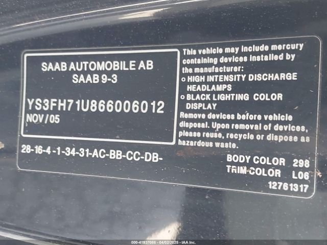 2006 SAAB 9-3 YS3FH71U866006012 Photo 8