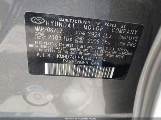 KMHD74LF4HU421224 Hyundai ELANTRA SE