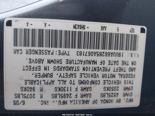 2005 ACURA TL 19UUA66285A067183 Photo 8