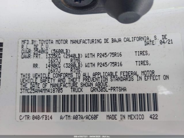3TMCZ5AN4MM418705 Toyota Tacoma Sr V6