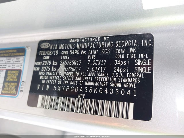 5XYPGDA38KG433041 KIA Sorento 2.4l Lx
