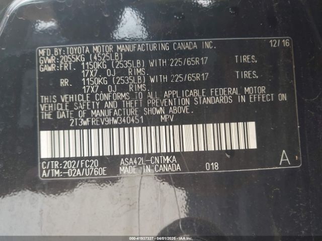 2T3WFREV9HW340451 Toyota Rav4 Xle