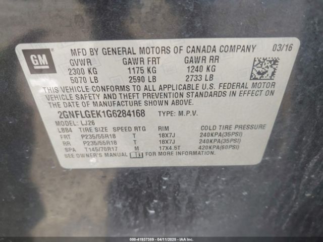 2GNFLGEK1G6284168 Chevrolet Equinox Ltz