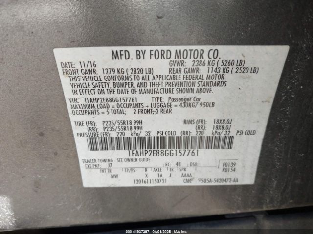 1FAHP2E88GG157761 Ford TAURUS SEL