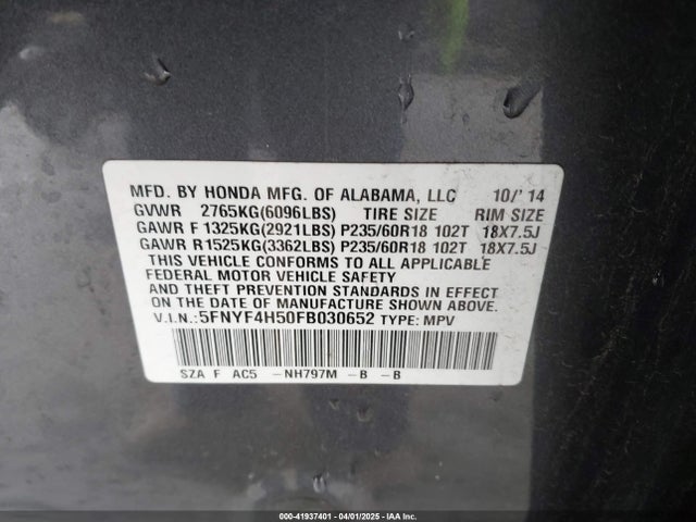 Honda Pilot Ex-l 2015 5FNYF4H50FB030652 Image 9