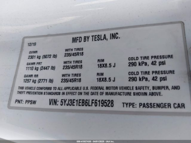 5YJ3E1EB6LF619528 Tesla Model 3 Long Range Dual Motor All-wheel Drive