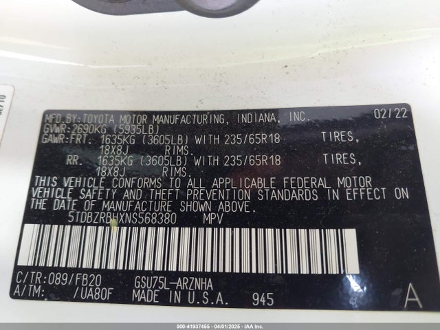 5TDBZRBHXNS568380 Toyota 2gr-fks