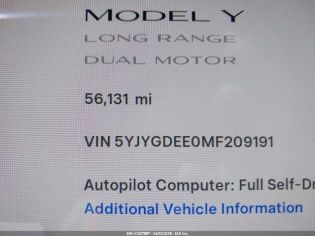 5YJYGDEE0MF209191 Tesla Model Y Long Range Dual Motor All-wheel Drive