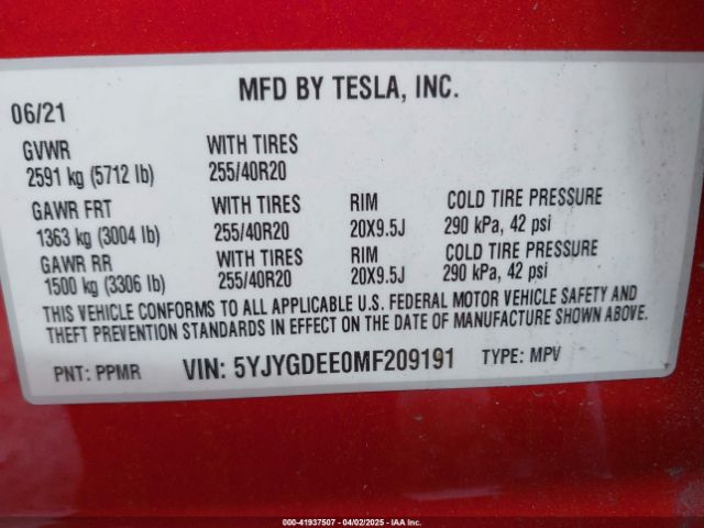 5YJYGDEE0MF209191 Tesla Model Y Long Range Dual Motor All-wheel Drive