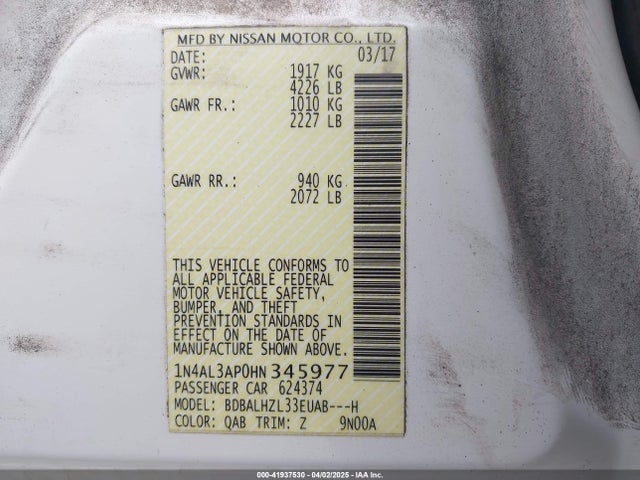 1N4AL3AP0HN345977 Nissan Altima 2.5 Sr