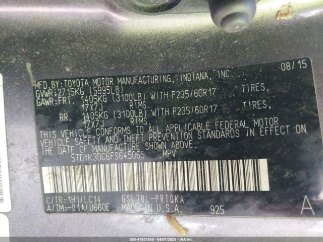 5TDYK3DC6FS645065 Toyota Sienna Xle 8 Passenger