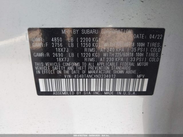 4S4BTANCXN3234012 Subaru Outback Limited