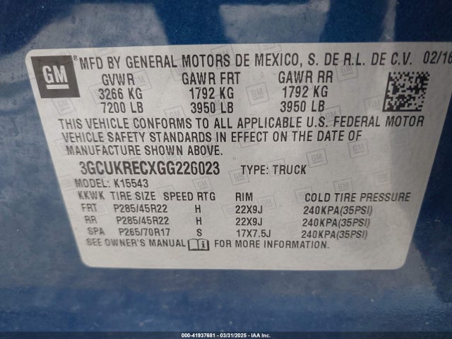3GCUKRECXGG226023 Chevrolet Silverado 1500 1lt