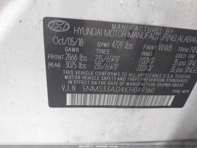 5NMS33AD4KH049160 Hyundai Santa Fe Sel