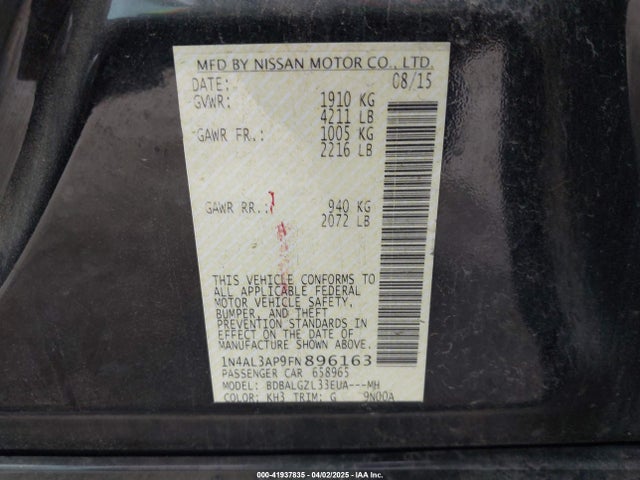 1N4AL3AP9FN896163 Nissan Altima 2.5/s/sv/sl