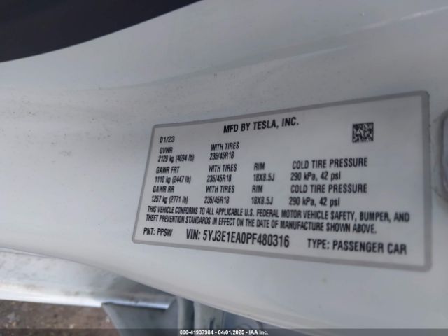 5YJ3E1EA0PF480316 Tesla Model 3 Rear-wheel Drive