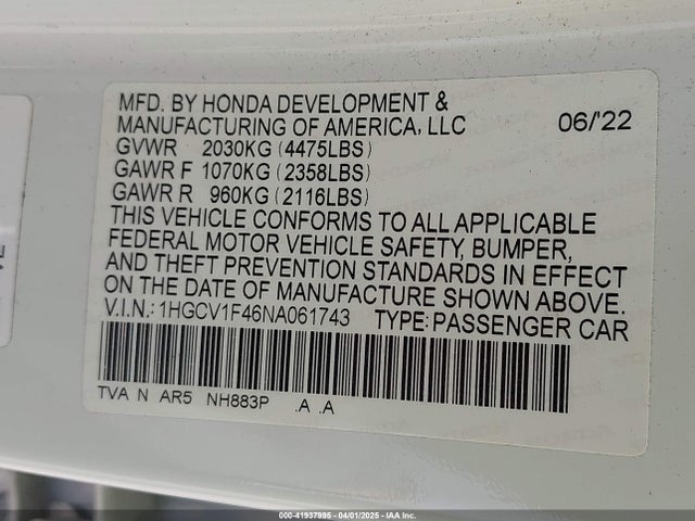 1HGCV1F46NA061743 Honda Accord Sport Special Edition