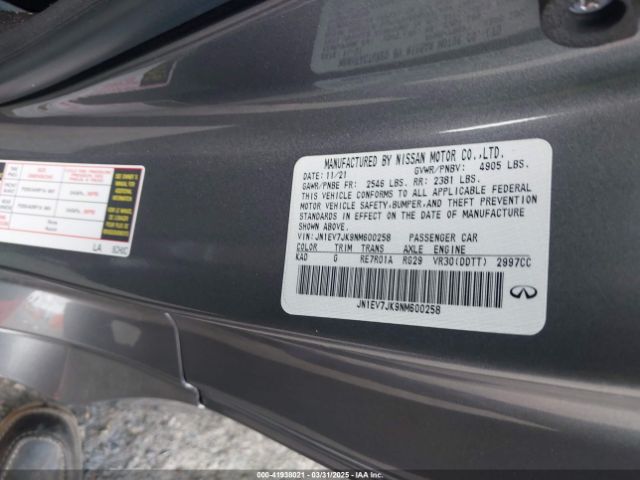 JN1EV7JK9NM600258 Infiniti Q60 PURE