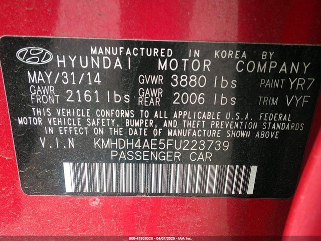 KMHDH4AE5FU223739 Hyundai ELANTRA SE