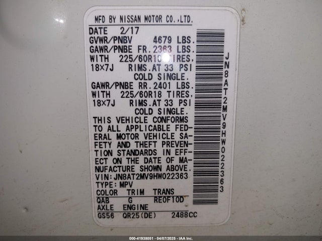 JN8AT2MV9HW022363 Nissan Rogue Sl