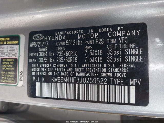 KM8SM4HF3JU259522 Hyundai Santa Fe Se