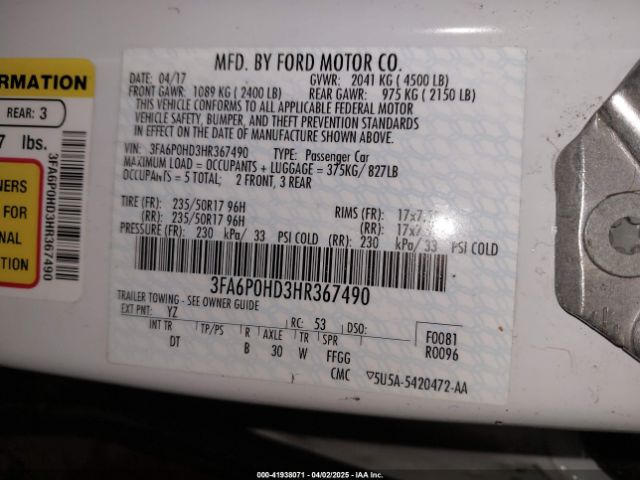 3FA6P0HD3HR367490 Ford FUSION SE