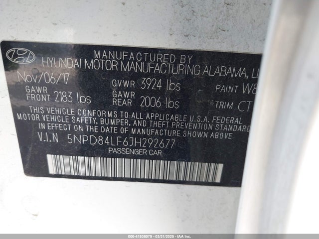 5NPD84LF6JH292677 Hyundai ELANTRA SEL