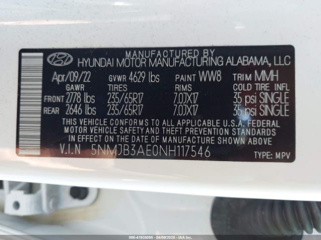 5NMJB3AE0NH117546 Hyundai TUCSON SEL