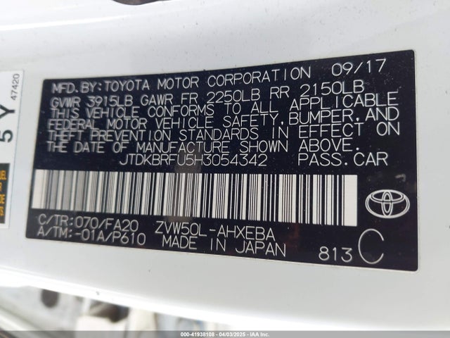 JTDKBRFU5H3054342 Toyota Prius Two