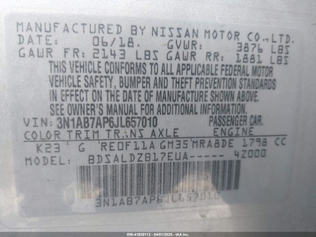 3N1AB7AP6JL657010 Nissan SENTRA SV