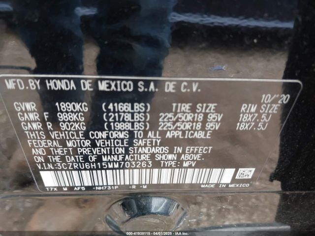 3CZRU6H15MM703263 Honda Hr-v Awd Sport