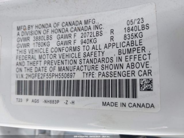2HGFE2F55PH550697 Honda Civic Sport